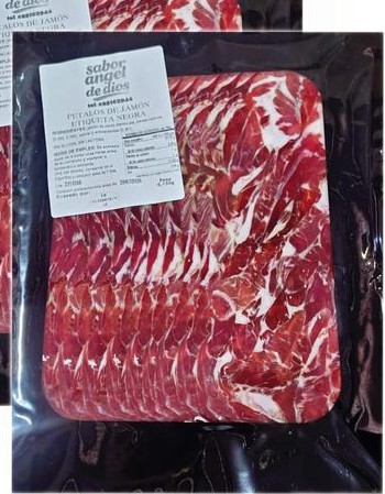 Un sobre de 150 g abierto: pétalos de jamón sobre la etiqueta Sabor Ángel de Dios